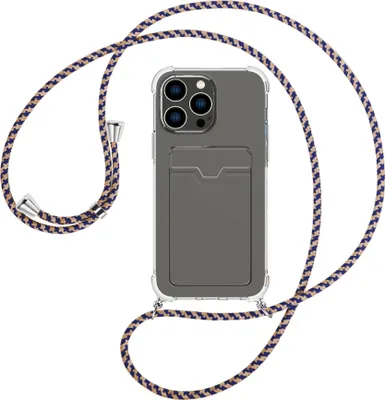 Produktbild von Handykette Backcover-Schutzhülle mit Band (Metall silberfarben) für Apple iPhone 15 Pro Max - blau+beige