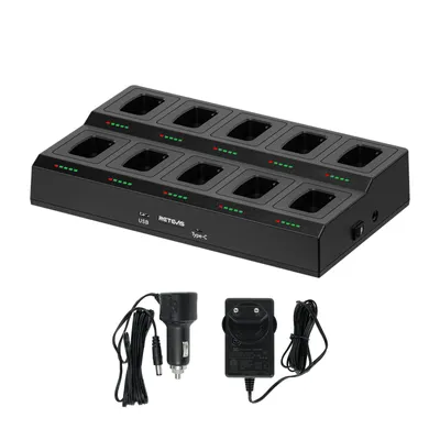 Produktbild von Retevis RTC777T 10-Weg-Ladegerät für Walkie-Talkies, Ladegerät für Funkgeräte, Ein-Knopf-Netzschalter, USB- und Typ-C-Anschluss, AC/DC-Netzteiloption