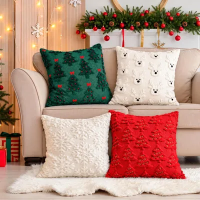 4er-Set 3D-Weihnachtskissenbezüge 45x45 cm mit Tannenbaum, Schneeflocke, Hirsch