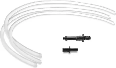 A set of clear tubes and two black connectors on a white background.
