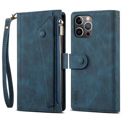 Obrázek produktu pro Ochranné pouzdro pro iPhone 14 Pro kožené pouzdro na zip, skládací peněženka s přihrádkou na karty, stojánek a poutko modré