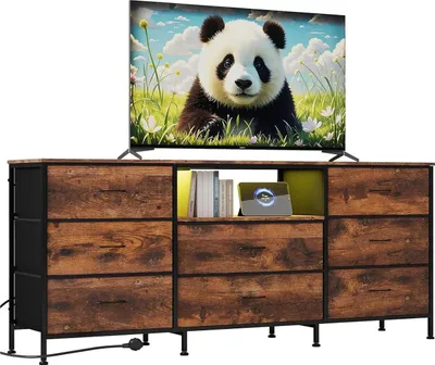 Image de Meuble TV LED - Meuble TV/meuble multimédia - Structure métallique, tiroirs en tissu, compartiments de rangement, style moderne, à monter soi-même - Marron