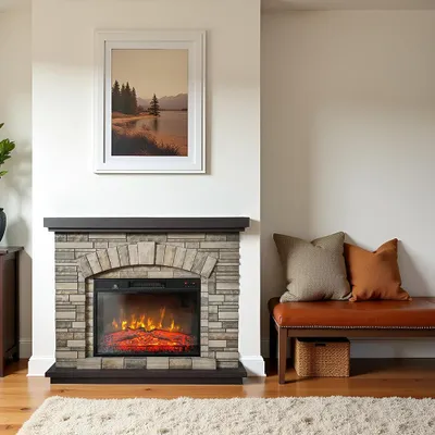 A living room scene featuring an electric fireplace with a stone facade, a framed picture above it, and a bench with pillows and a basket next to it.