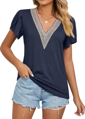 Image de ASKSA T-shirt femme col V chemisier été casual manches courtes élégant haut uni, bleu marine, S