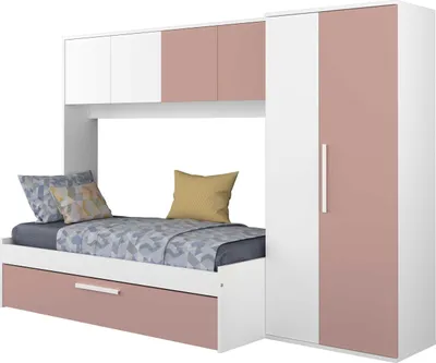 Produktbild von LevBett mit Bettbrücke und Bettkasten -rosa/weiß