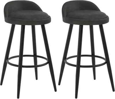 Two dark grey bar stools with black legs are shown against a white background.