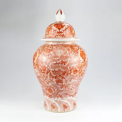 Produktbild von Fine Asianliving Chinesische Vase mit Deckel Porzellan Rot Handbemalter Drache D33xH61cm Dekorative Vase Blumenvase Orientalische Keramik Vase Dekoration Vase Moderne Tischdekoration Vase