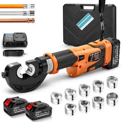 Image de Pince hydraulique rechargeable de 60 kN, avec 2 batteries de 4,0 Ah et 9 matrices de sertissage V 12-28 et TH 16-32, pince à sertir pour tubes en cuivre, outil de sertissage, couleur jaune