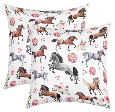 Productafbeelding van Kussensloopsets, 40x40 cm, 2 stuks, paardmotief, polyester, roze, bloemenprint