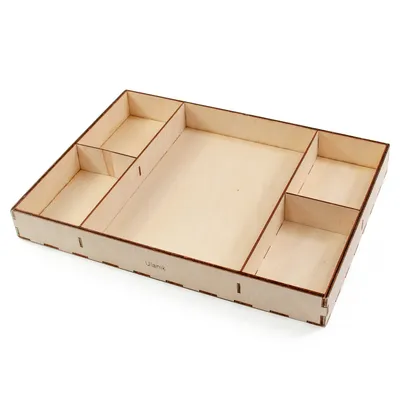 Produktbild von Montessori Holztablett aus Birkensperrholz mit 5 Zellen für Kinder, kompatibel mit Sortierspielen 38x28x4 cm