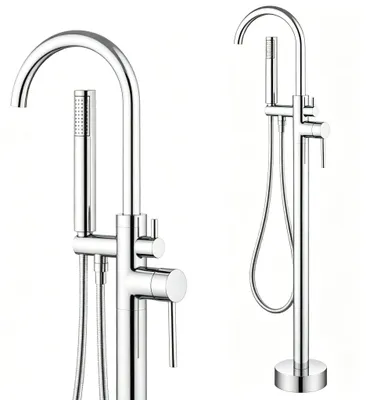 Produktbild von Freistehende Boden-Wannenarmatur mit Handbrause und Brauseschlauch, Silber