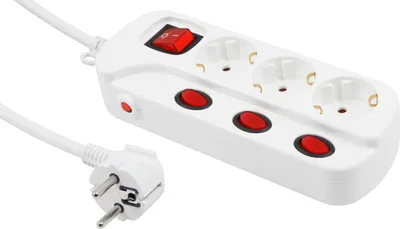A white power strip with three outlets and individual switches, along with a white power cord and plug.