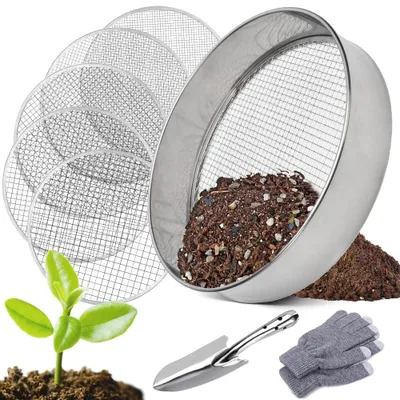 Runde Gartensieb 30 cm, 5-in-1, Edelstahl, 5 Siebeinsätze 3–12 mm