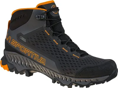 Schwarze Wanderschuhe "Stream Gtx" von La Sportiva mit orangefarbenen Akzenten und rutschfester Sohle.