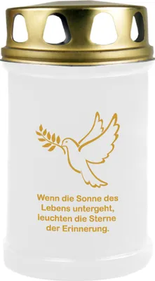 Produktbild von Grabkerze Weiß ( Druck Gold ), Brenndauer: 48 Stunden, Motiv: Taube