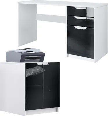 Produktbild von Vladon Büromöbel Homeoffice Set Paris, Germany mit Druckerkommode und Schreibtisch, Weiß matt / Schwarz Hochglanz