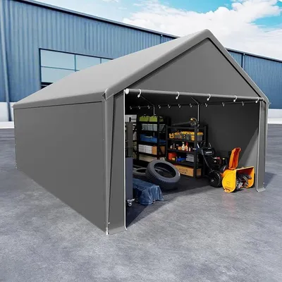Produktbild von Gerätehaus 4x6 m Zeltgarage mit Abnehmbar Seitenwände Große Gerätezelt Lagerzelt UV-Schutz Windfest Winterfest Autozelt Unterstand, Grau
