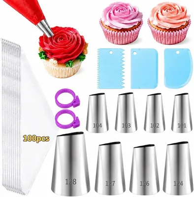 Produktbild von Spritzbeutel Set 113 Stück, 8 Tüllen, 100 Spritzbeutel, 3 Teigschaber, 2binder, für Kuchen