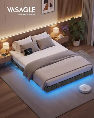 Produktbild von VASAGLE Bettrahmen 140 x 200 cm, mit LED-Beleuchtung, Bettgestell, schwebender Effekt, Steckdosenleiste, grau