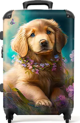 Produktbild von NoBoringSuitcases.com® Großer Koffer - Welpe - Blumenkranz - Schmetterling - Hund - Golden Retriever - Kombinationsschloss TSA - Hartschalen Trolley 4 Rollen - 72 liter - Reisekoffer - 66 cmKoffer Mittelgroß 67x43x25 cm, 72L,