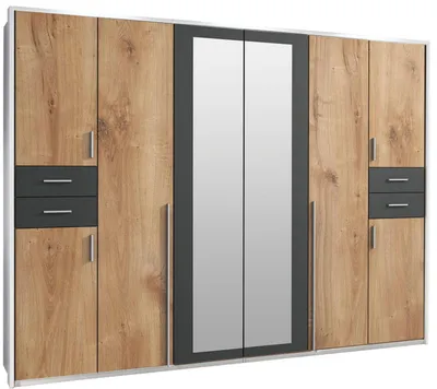 Produktbild von Kleiderschrank Vegas Schlafzimmerschrank 273x58x210cm weiß Plankeneiche graphit mit Spiegel (18944)