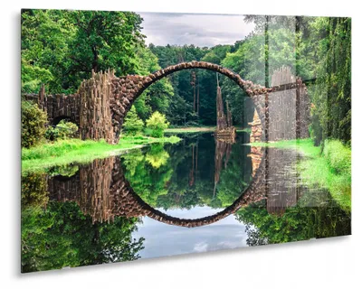 Productafbeelding van STYLER Glaswanddecor 80x120 cm, Rakotzbrug, brug, landschap, natuurmotief, wanddecoratie, woonkamer, slaapkamer, hal, modern design