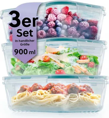Three glass food storage containers stacked on top of each other, each filled with different food items.