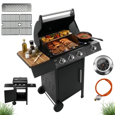 Zdjęcie produktu dla Grill gazowy ogrodowy BERGMANN 12,2kW 4 palniki żeliwny ruszt stolik boczny wbudowany termometr w pokrywie reduktor + wąż gazowy czarny