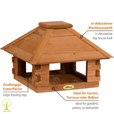 Produktbild von dobar Vogelfutterhaus Vogelhaus Blockhaus 4-eckig, Holzdach, 37x37x26 cm