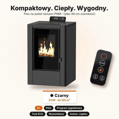 Zdjęcie produktu dla NEMAXX® P6Mi piec na pellet 6 kW A+ kompaktowy, 120 m³, pilot, czarny