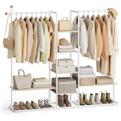 Produktbild von SONGMICS HOME Garderobenständer, offener Kleiderschrank, Kleiderständer, 6 Ablagen, 2 Kleiderstangen, Haken in Streichholz-Form, für Schlafzimmer