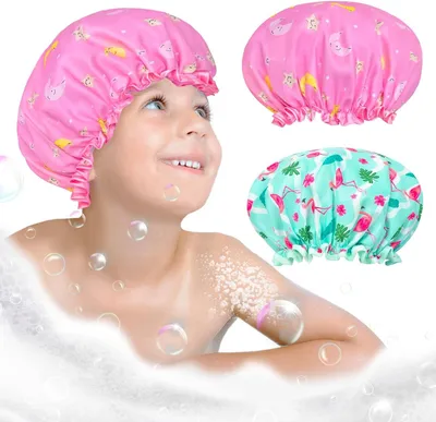 Immagine prodotto di Copricapo per la doccia per bambini, confezione da 2 pezzi, a doppio strato, con elastico, impermeabile, ideale per capelli bagnati