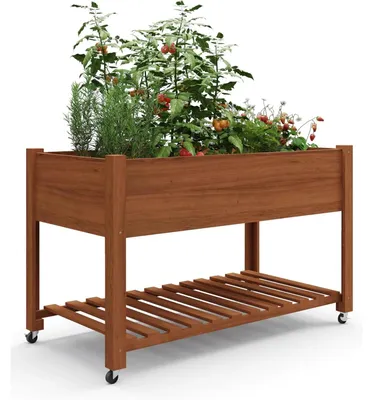 Zdjęcie produktu dla Podwyższona grządka na kółkach – podwyższona skrzynia do uprawy – 122 x 61 cm – z półką – na balkon i taras – drewno w kolorze czerwonego dębu