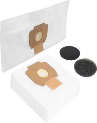 A stack of vacuum cleaner bags and two foam filters are arranged on a white background.