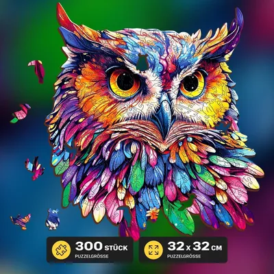 Produktbild von Holzpuzzle mit Eulen-Motiv und 300 individuell geformten Teilen zur Stressbewältigung