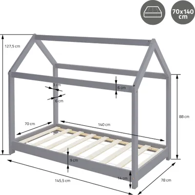 A diagram of a children's bed with dimensions.