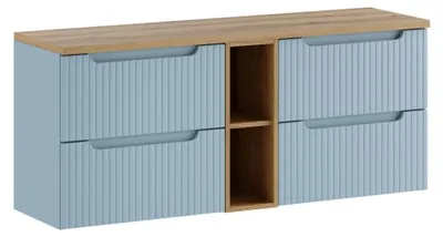 Immagine prodotto di Insieme sospeso VANO blu denim e rovere chiaro 140cm: mobili sotto lavabo con cassetti e nicchie a vista + piano per lavabo