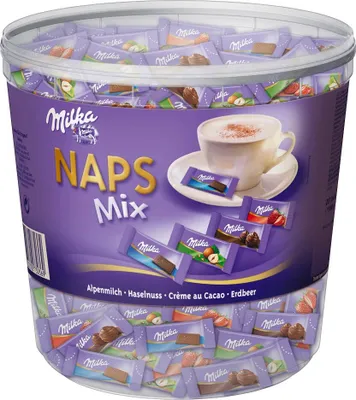Produktbild von Milka Naps Mix Dose Alpenmilch Haselnuss Erdbeer Creme Cacao fürs Büro 1000g