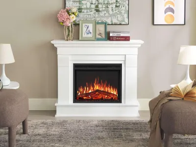 Immagine prodotto di Stufa elettrica a pavimento, dal design moderno, in legno bianco opaco, con fiamme 3D realistiche