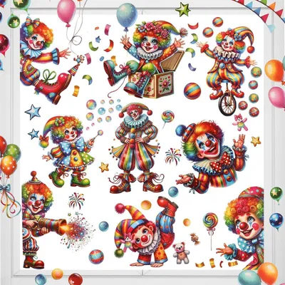 Image de Décorations pour fenêtres, Carnaval, 9 feuilles, autocollants clowns, adhésifs repositionnables, PVC