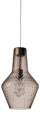 Imagen del producto de Lámpara colgante Zafferano, fabricada en vidrio soplado y metal, con un diámetro de 250 mm y una altura de 3180 mm. Utiliza una bombilla E27 de 70 vatios. Grado de protección IP20. Estructura en color gris y pantalla de vidrio ahumado