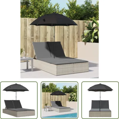 Produktbild von The Living Store Doppel-Sonnenliege mit Kissen & Schirm Hellgrau Poly Rattan