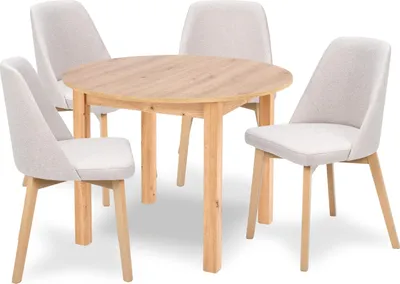 Produktbild von Esstisch mit 4 Stühlen - Runder Ausziehbarer Tisch - 102-142 cm Durchmesser - Aus Holz - 5-teiliges Set - Essgruppe - Sitzgruppe - Beige Stühle