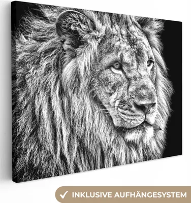 Produktbild von MuchoWow® - Leinwandbilder - Porträt - Löwe - Schwarz und weiß, Wandbild, Wanddeko Bilder Wohnzimmer, 120x90 cm
