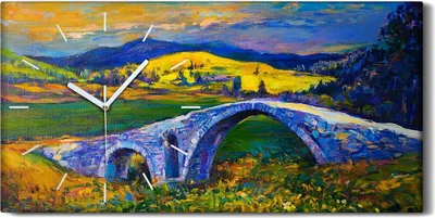 Produktbild von Dekor Leinwand Uhr Wandbilder 60x30 Malerei Abstrakt Landschaft Berg Brücke - weiße Hände