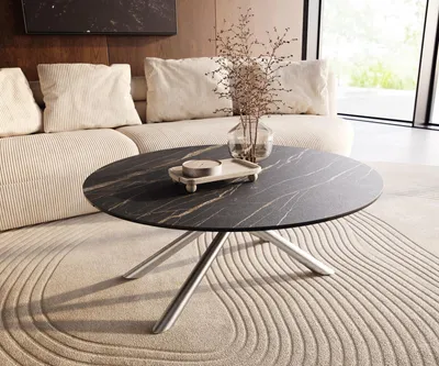 Produktbild von DELIFE Couchtisch Edge Rund 100x100 cm Keramik Laminam® Noir Desir Braun Sarity Edelstahl gebürstet