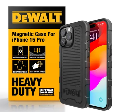 Immagine prodotto di Custodia magnetica DEWALT Heavy Duty, compatibile con MagSafe, per iPhone 15 Pro. Robusta, resistente agli urti, con retro protettivo e design sottile che assorbe gli shock. Colore: nero opaco
