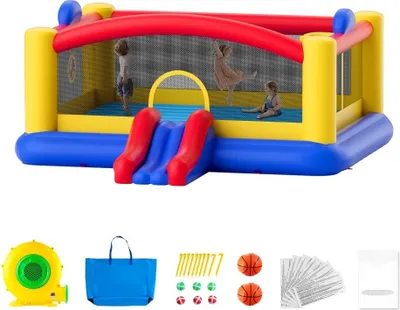 Produktbild von Aufblasbares Hüpfburg - Spielhaus-Trampolin für draußen - inkl. Gebläse, Rutsche & Tasche - 450 x 440 x 203 cm - Familien-Garten-Hüpfburg