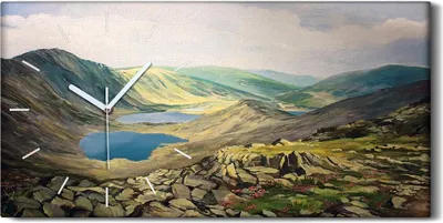 Produktbild von Wanduhr Bürouhr Leinwand Bild Geräuschlos 60x30 Gemälde See Berge Landschaft - weiße Hände