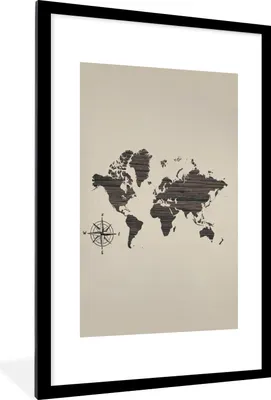 Produktbild von MuchoWow® Gerahmtes Poster Weltkarte - Holz - Kompass 60x90 cm - Poster mit Schwarzem Bilderrahmen Wandposter Rahmen Foto Bilder - Dekoration - Wandposter Wohnzimmer - Hochwertig